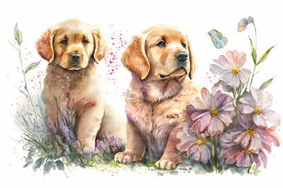 Spring Watercolor Golden Retriever Puppies
