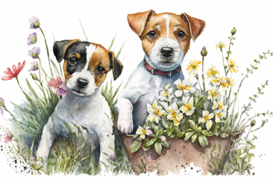 Spring Watercolor Jack Russell Terrier Puppies