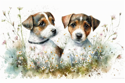 Spring Watercolor Jack Russell Terrier Puppies