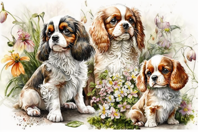 Spring Watercolor Cavalier King Charles Spaniel Puppies