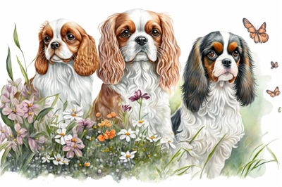 Spring Watercolor Cavalier King Charles Spaniel Puppies