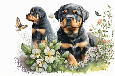 Spring Watercolor Rottweiler Puppies