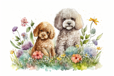 Spring Watercolor Poodle Puppies