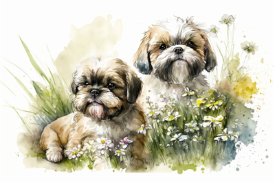 Spring Watercolor Shih Tzu Puppies