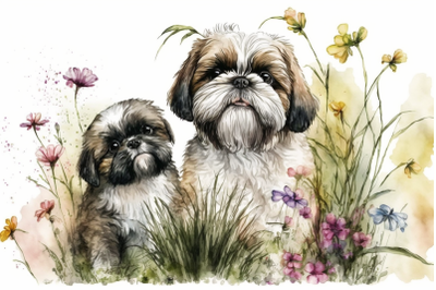 Spring Watercolor Shih Tzu Puppies