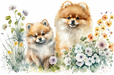 Spring Watercolor Pomeranian Puppies