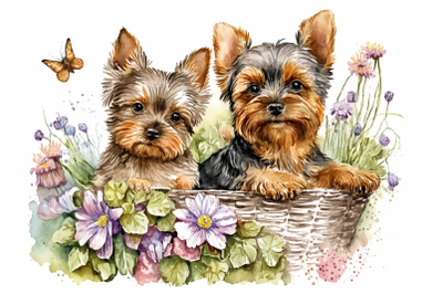 Spring Watercolor Yorkshire Terrier Puppies