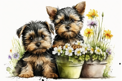 Spring Watercolor Yorkshire Terrier Puppies