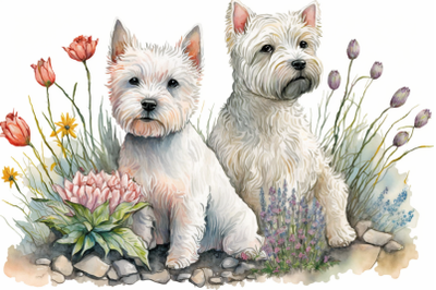 Spring Watercolor West Highland Terrier Puppies