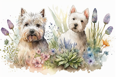 Spring Watercolor West Highland Terrier Puppies