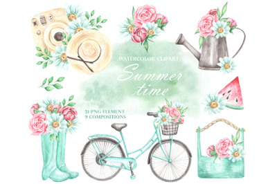 Summer rustic watercolor clipart. Flowers, bicycle, camera.