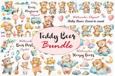 Watercolor Teddy Bears Clipart Bundle