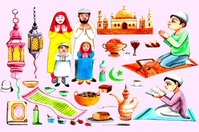 Ramadan Prayer Watercolor Digital PNG Clipart Set Featuring Muslim Men
