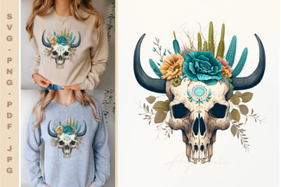 Floral Boho Bull Skull SVG Clipart