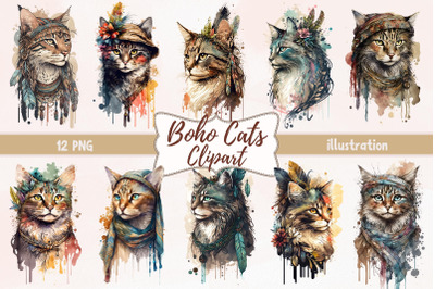 Watercolor Boho Cats Clipart Sublimation