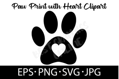 Paw Print with Heart Silhouette Vector Cut File EPS SVG PNG