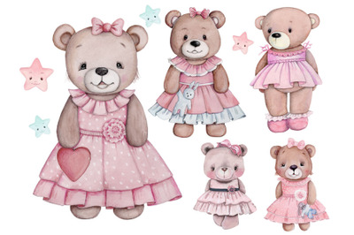 Set of teddy bear girls in pink. Adorable bears, Watercolor.