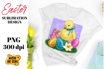 Easter sublimation design. Cute chick and easter eggs