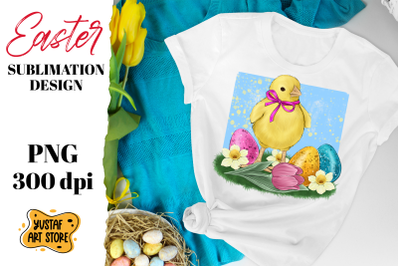 Easter sublimation design. Cute chick,flowers and easter egg