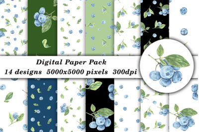 Watercolor Blueberry Pattern Seamless Leaves for fabric, clothing