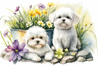 Spring Watercolor Maltese Puppies