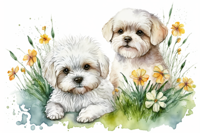 Spring Watercolor Maltese Puppies