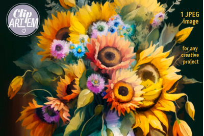 Sunflowers in Vase Painting  JPEG Image Digital Art Illustration Decor
