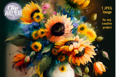 Bouquet of Sunflowers Home Wall Decor JPEG Image Painting Art Digital