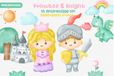 watercolor cute princess and knight .