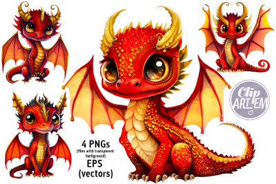 Red Dragons Wall Art, Cute Baby Nursery Watercolor PNG EPS Images