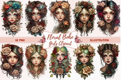 Floral Boho Girls Clipart, Boho Woman Sublimation