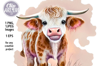 Cute Cow Bull Watercolor PNG, EPS vector, JPEG Image, Farm Baby Animal