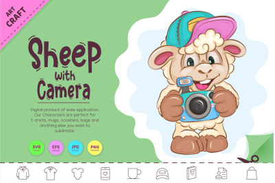 Cartoon Sheep with Camera. Clipart.