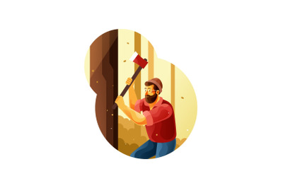 Lumberjack cutting a tree with an ax