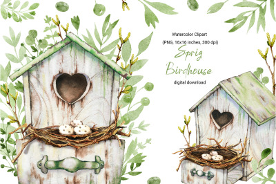 Spring birdhouse, nest with eggs, watercolor clipart