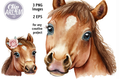 Two Brown Horse Boy Girl Vector 3 PNG 2 EPS Watercolor Digital Images