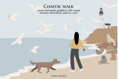 coastal landscape creator clipart, vector couple on beach illustration