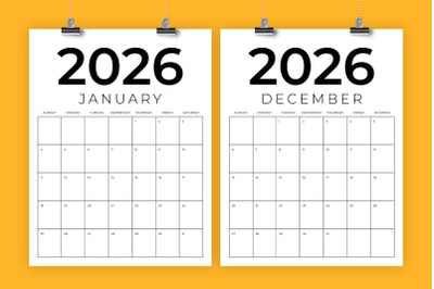 2026 Vertical 8.5 x 11 Inch Calendar Template
