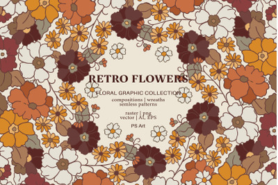 Retro Flowers, Hand Drawn Floral Clipart,