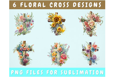 Floral Cross Sublimation Designs Bundle&2C; 6 Designs&2C; Cross Clipart