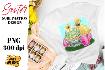 Spring cupcake and cute duck. Easter sublimation design PNG