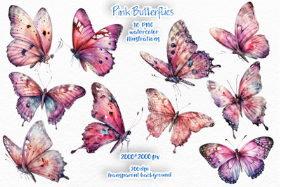 Pink butterflies. Watercolor illustrations