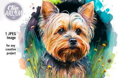 Cute Yorkie Terrier Painting for Kids Watercolor Digital JPEG Image