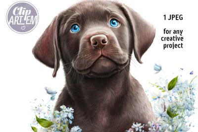 Chocolate Labrador Puppy Floral Painting Wall Art JPEG Digital Image