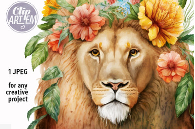 Beautiful Lion with Flowers in the Mane JPEG Wall Decor Digital Print