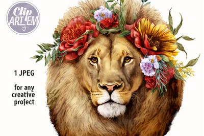 Floral Lion Red Flowers Watercolor Picture Digital Print JPEG Image
