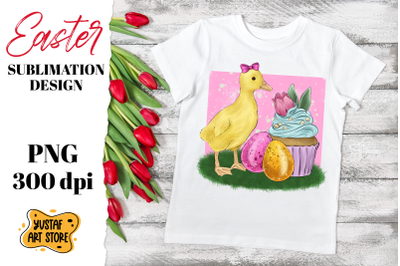 Easter sublimation design. Spring cupcake and cute duck.