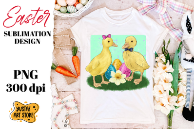 Easter sublimation. Spring ducklings couple illustration PNG