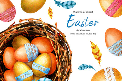 Easter painted eggs in a bird&#039;s nest, watercolor clipart, seamless dig