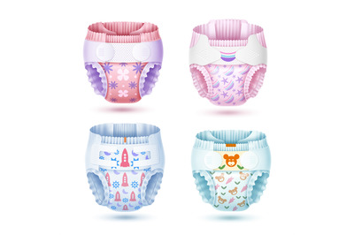 Baby diapers design. Realistic cotton absorbent panties with velcro, d